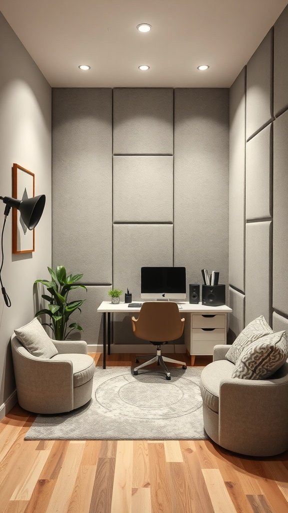 A modern home office setup featuring soundproof wall panels and a cozy arrangement.