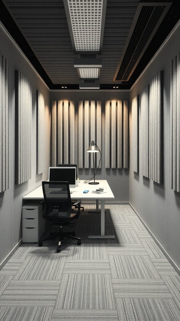 A modern soundproof office featuring acoustic panels, a desk, and a chair.