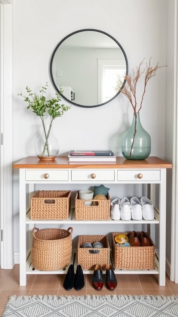 A small entryway with a table, storage baskets, and decorative items.