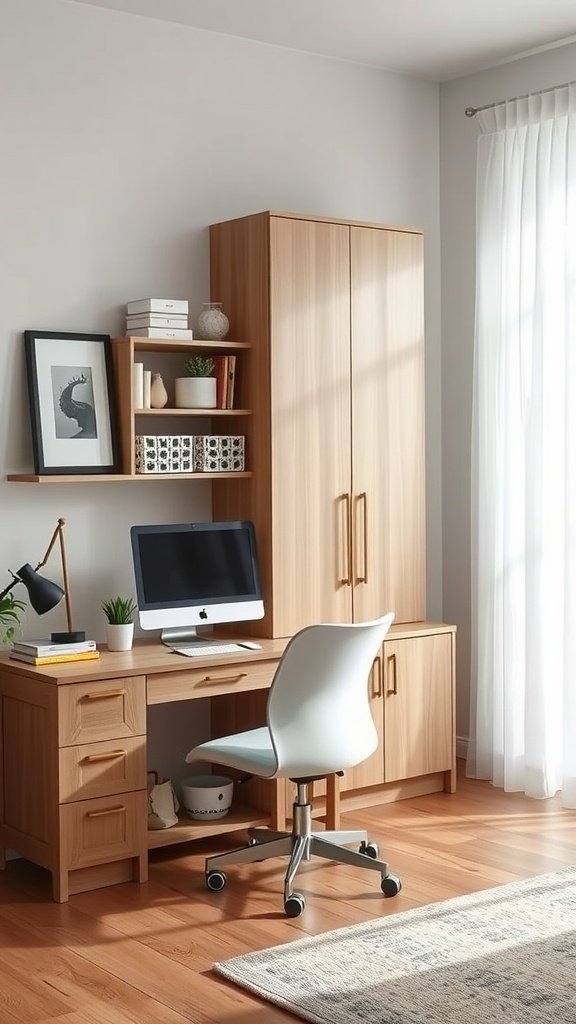 An office setup in a living room featuring a wooden desk and storage solutions.