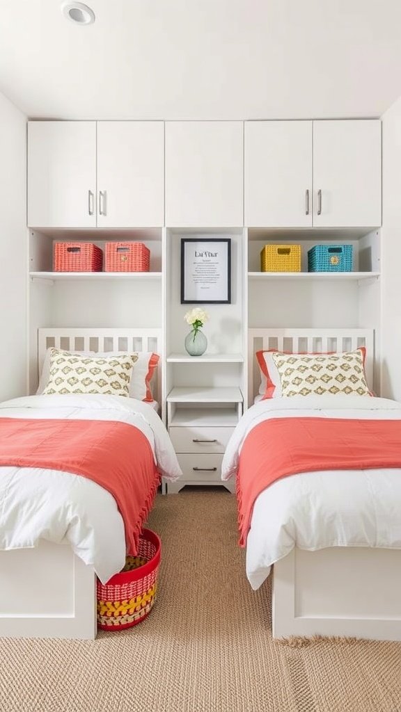 A cozy shared bedroom with two beds, colorful storage baskets, and a neat design.
