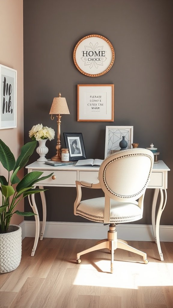 A stylish feminine home office featuring a desk, elegant chair, and decorative wall art.