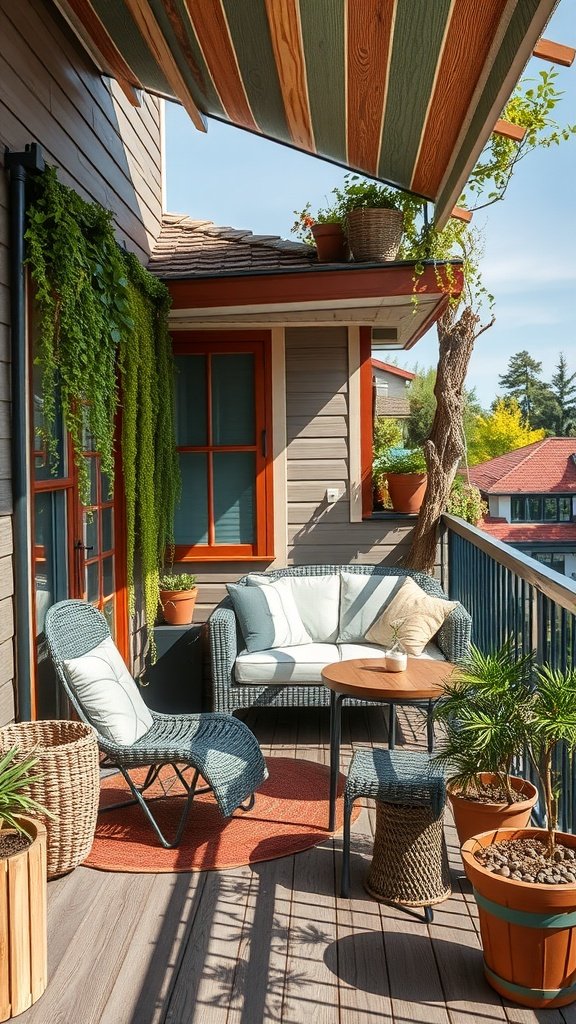 A vibrant balcony featuring a colorful DIY table, potted plants, and cozy seating, showcasing creative balcony design ideas.