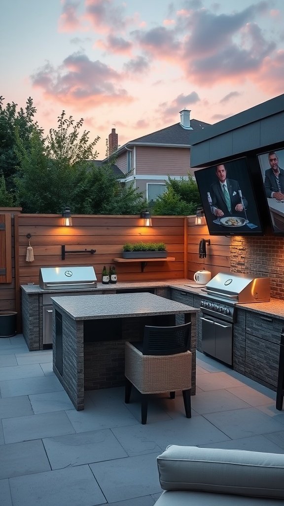 Modern outdoor kitchen with grill and large screen TV