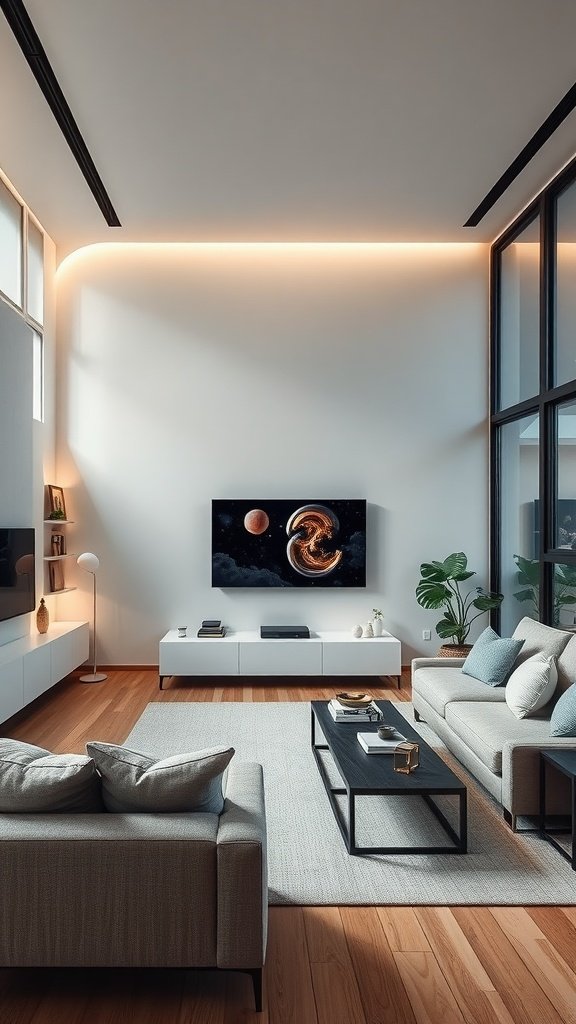 Modern living room with a green sofa, minimalist decor, and a stylish TV setup.