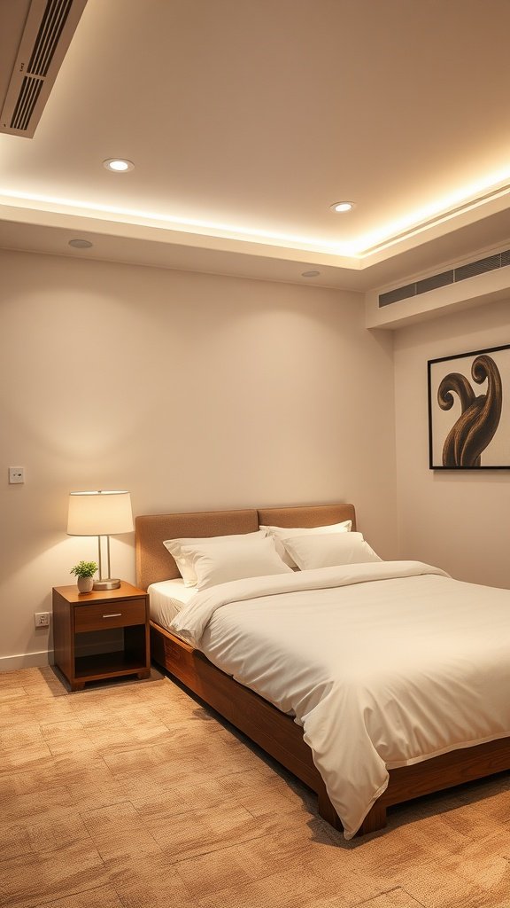 A cozy, well-lit bedroom featuring a stylish bed and bedside lamp.