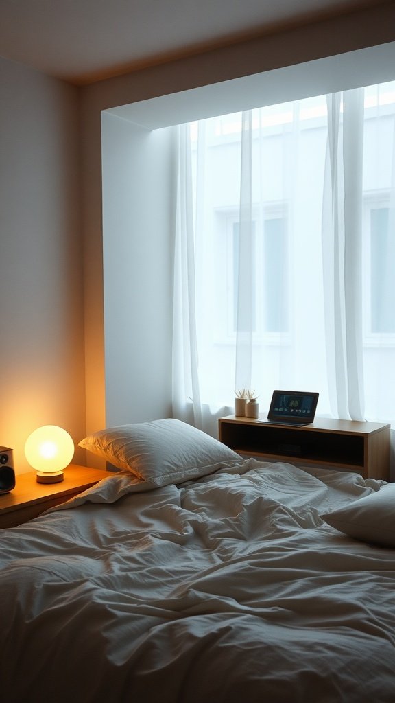 Cozy bedroom with a warm light, a neatly made bed, and a smart device on the nightstand.