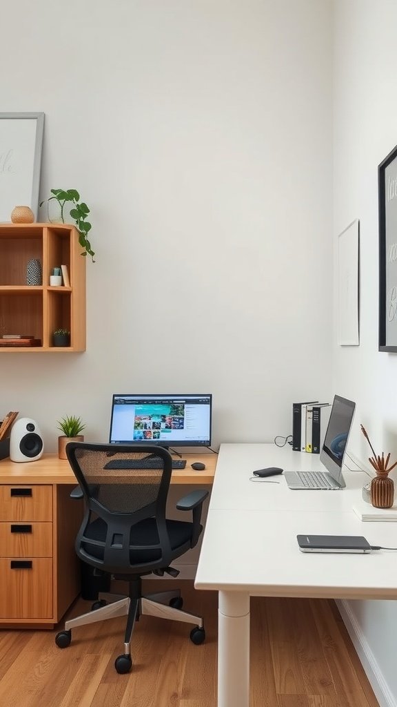 A modern small home office setup with a desk, chair, and computer.