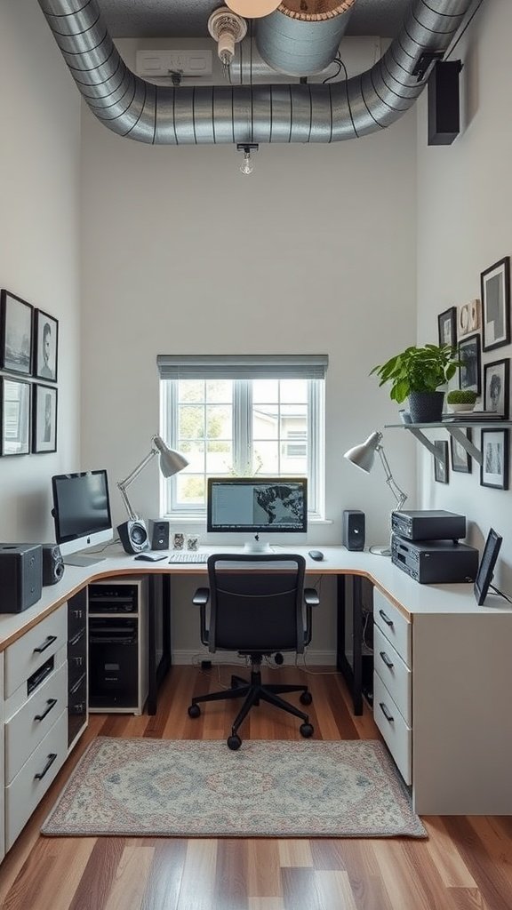 A small modern home office with dual monitors, storage drawers, and a cozy rug