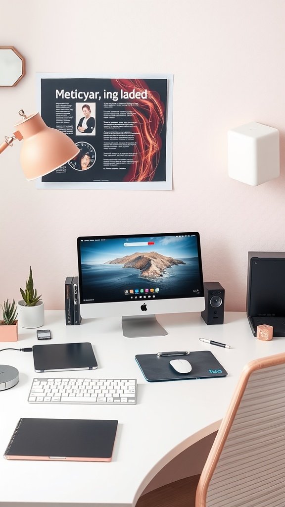A feminine home office setup featuring a computer, desk accessories, and stylish decor.