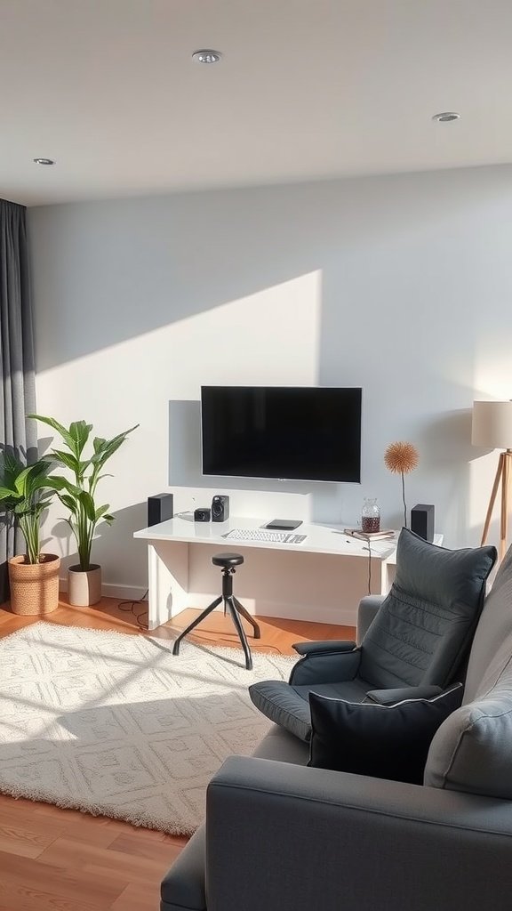 A modern living room featuring a computer desk setup, plants, and a cozy chair, illustrating an office area in a home setting.