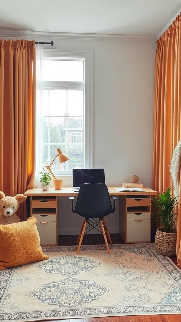 A feminine home office featuring orange curtains, a desk with a laptop, and a cozy atmosphere.