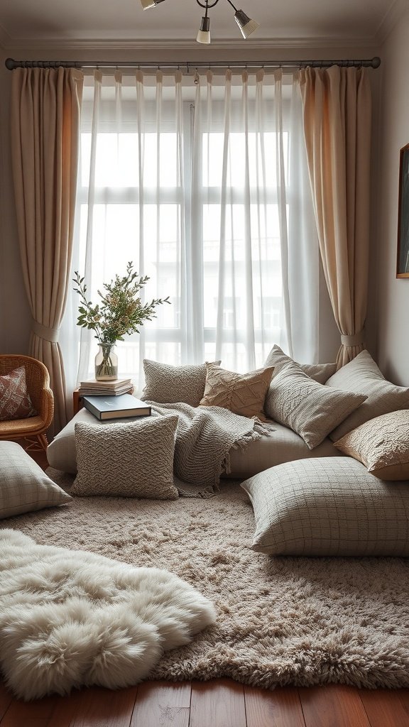 A cozy bedroom corner with various textures from pillows, rugs, and curtains.