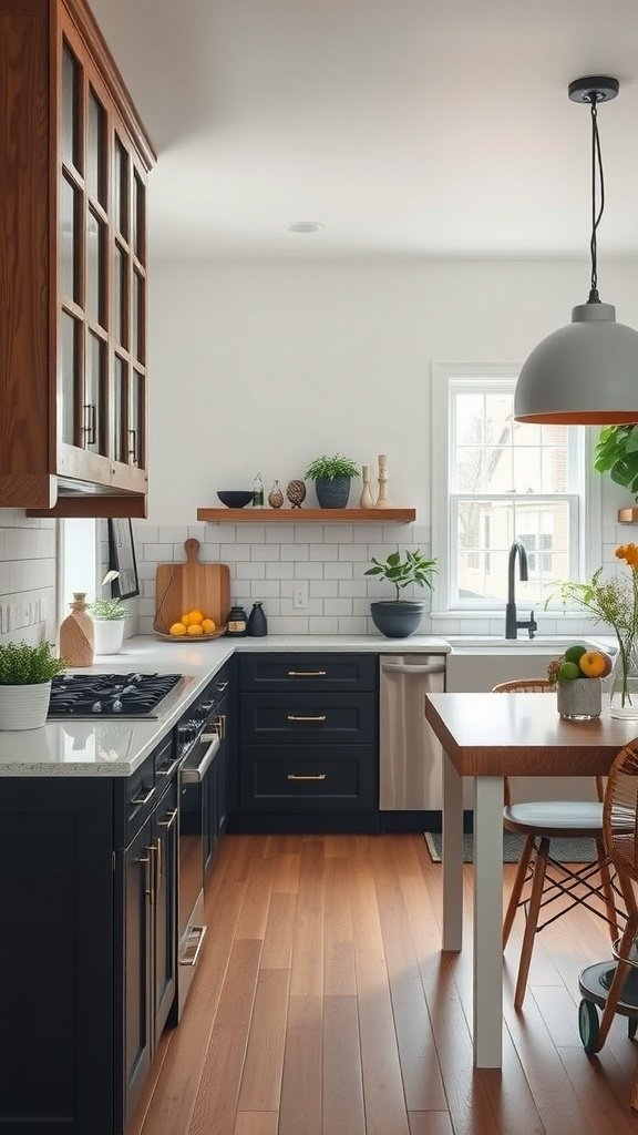 A kitchen showcasing tan lower cabinets and white upper cabinets, creating a stylish two-tone design.