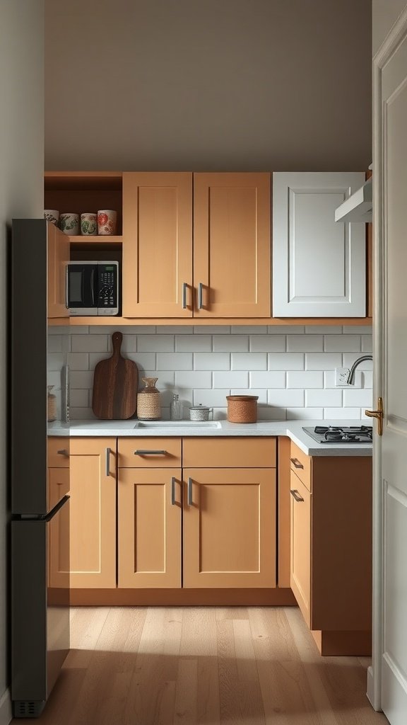 A small kitchen featuring tan lower cabinets and white upper cabinets, showcasing a two-tone design.