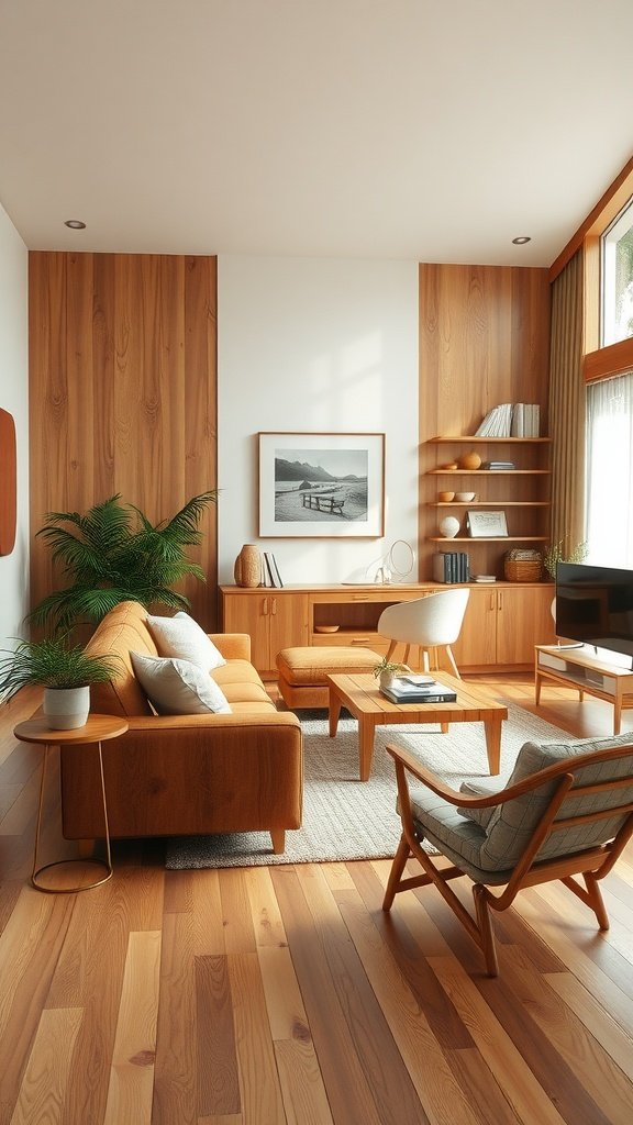 A cosy living room featuring warm wood finishes, soft furnishings, and natural light.