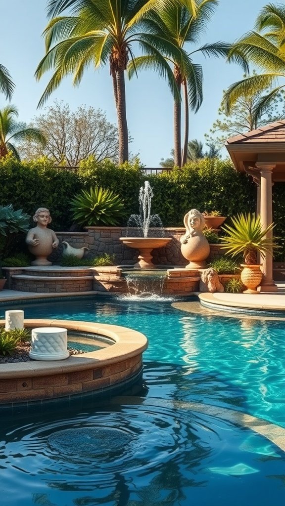 A beautiful backyard swimming pool with a fountain and tropical plants.