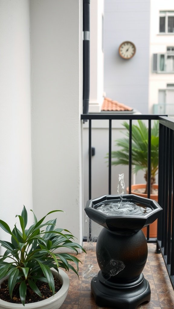 A small black fountain with water flowing, next to a green plant on a balcony.