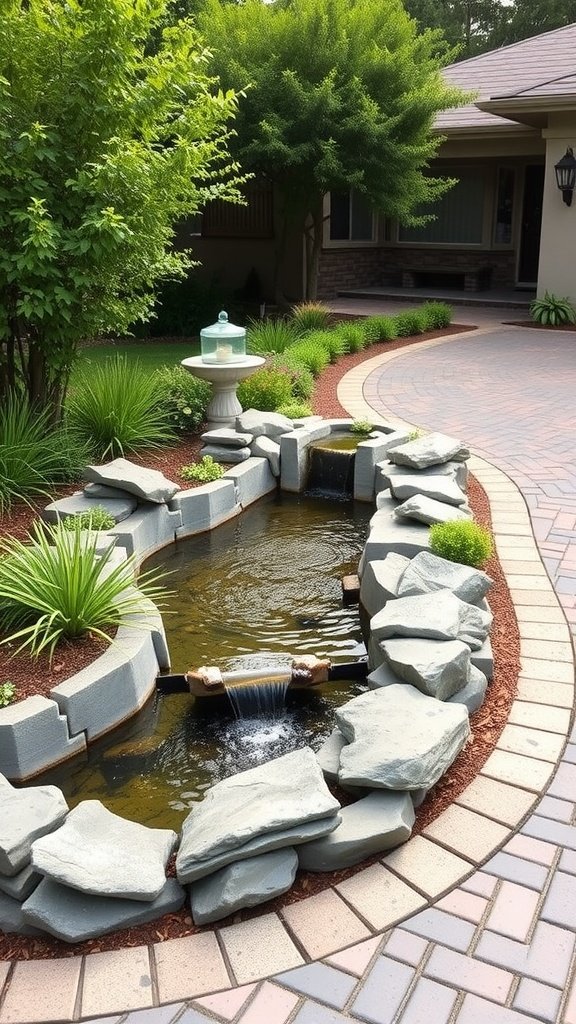 A serene driveway landscape featuring a fountain surrounded by lush greenery.