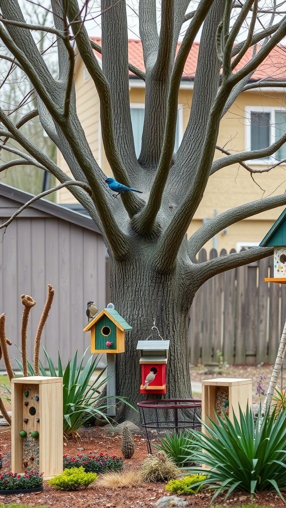 A vibrant garden scene featuring birdhouses and plants around a tree.