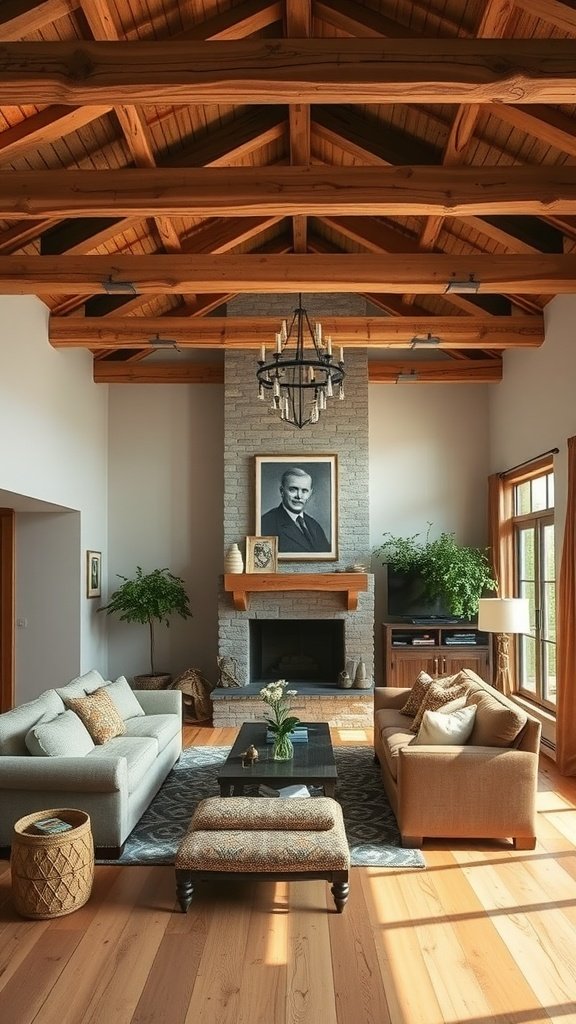 Spacious living room with wooden beams, a cozy couch, and a stone fireplace.