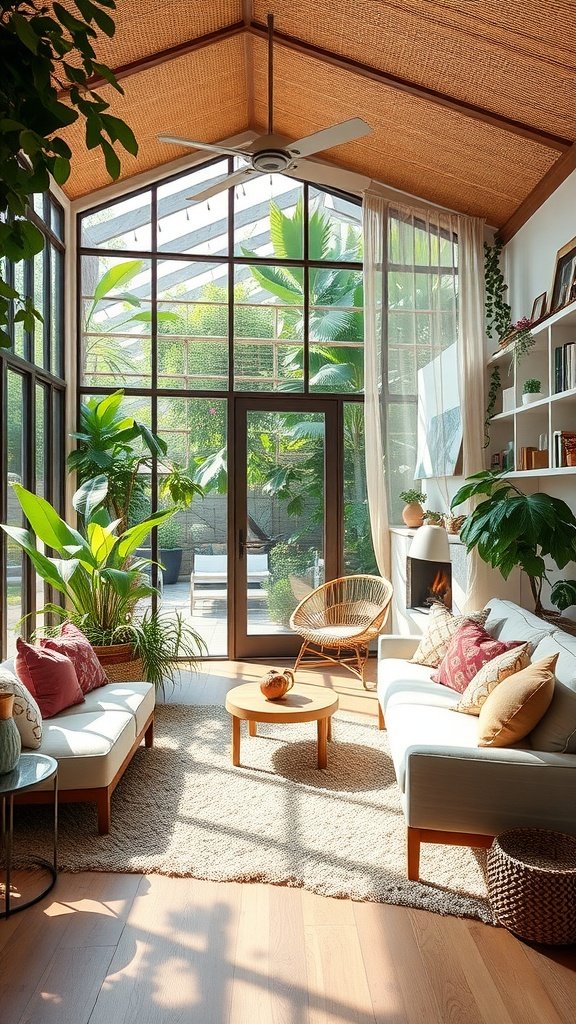 Bright and vibrant boho living room with large windows and plants