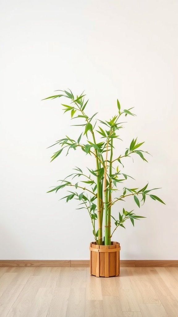 A healthy indoor bamboo plant in a wooden pot against a plain wall.