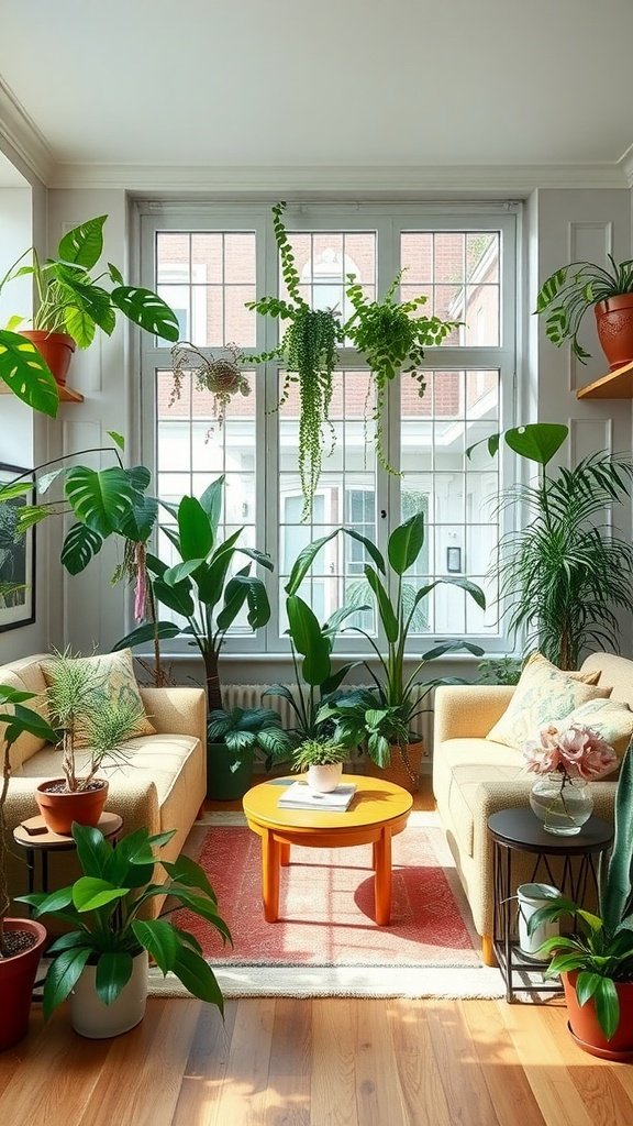 A bright living room filled with various indoor plants, two cozy couches, and a colorful coffee table.