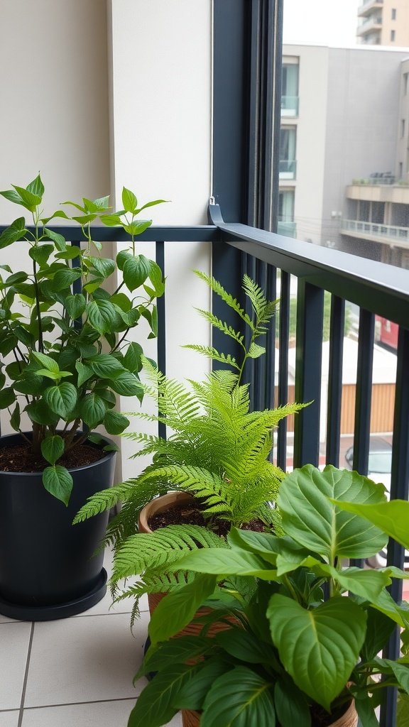 Three potted plants on a balcony, showcasing lush greenery.