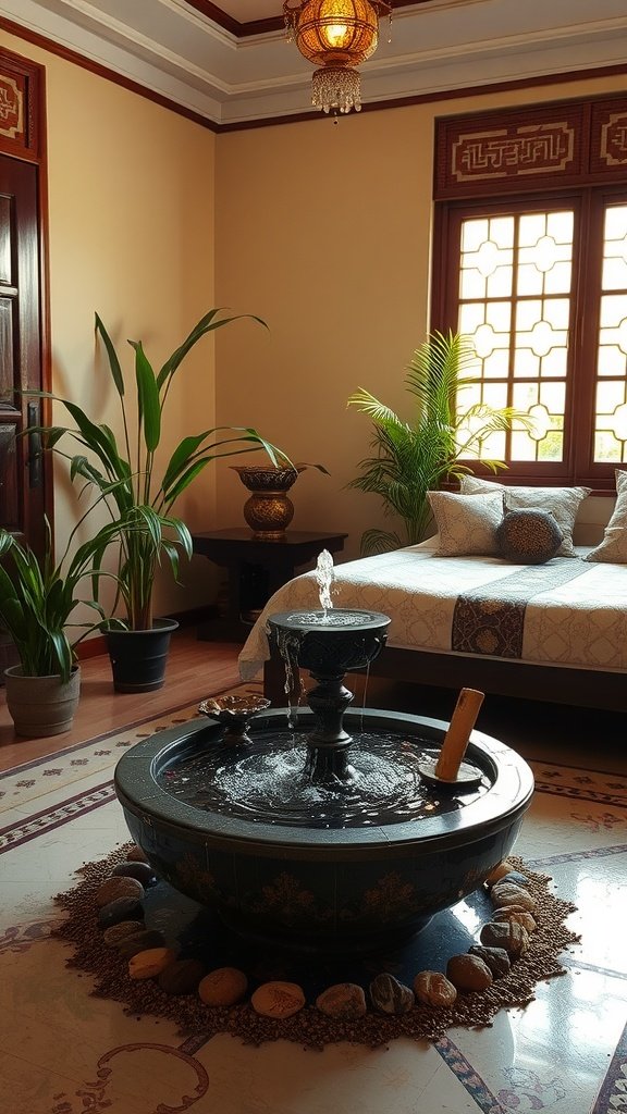 Indoor water feature in an Indian bedroom decor setting.