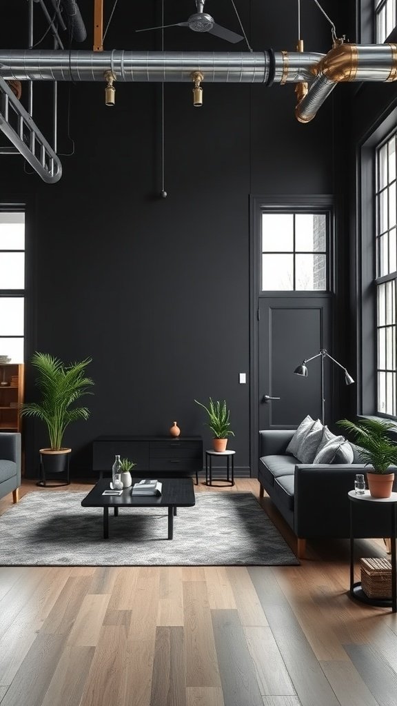 An industrial black living room featuring metal fixtures and a sleek design.