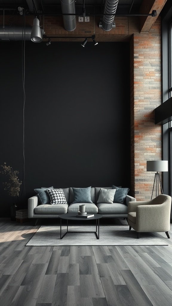 Stylish industrial chic living room with dark walls, featuring a gray sofa and cozy accents