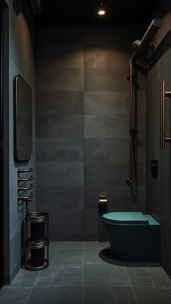 A modern industrial-style bathroom with dark green accents and gold fixtures.