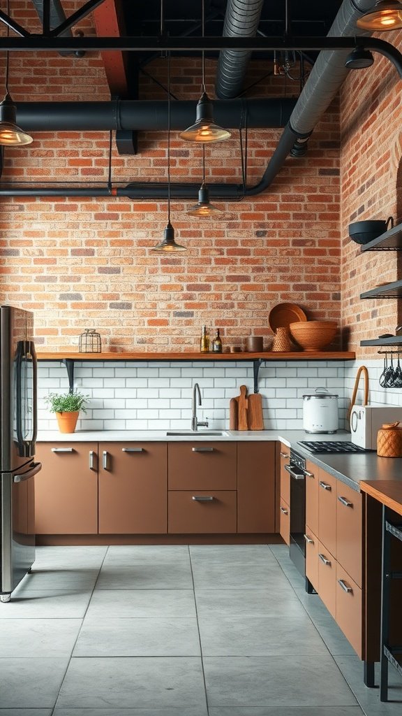 A modern industrial kitchen featuring exposed brick walls, metal accents, and sleek cabinetry.