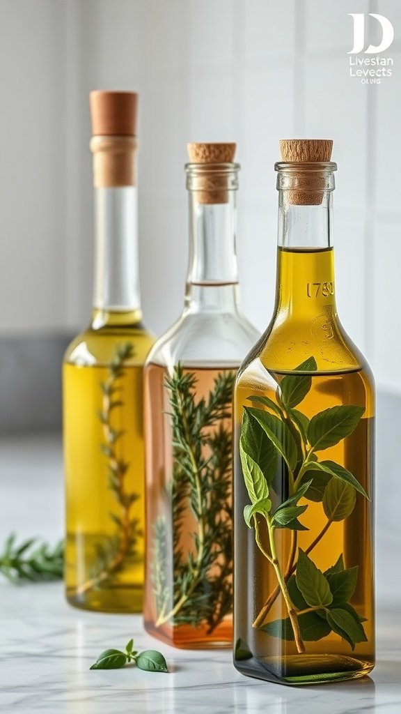 Three bottles of infused oils with herbs like basil, rosemary, and thyme.