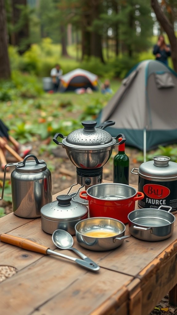 A collection of camping cookware and kitchen gadgets set up on a wooden table outdoors.