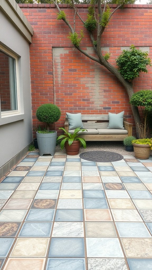 A cozy patio area featuring colorful interlocking tiles and plants.