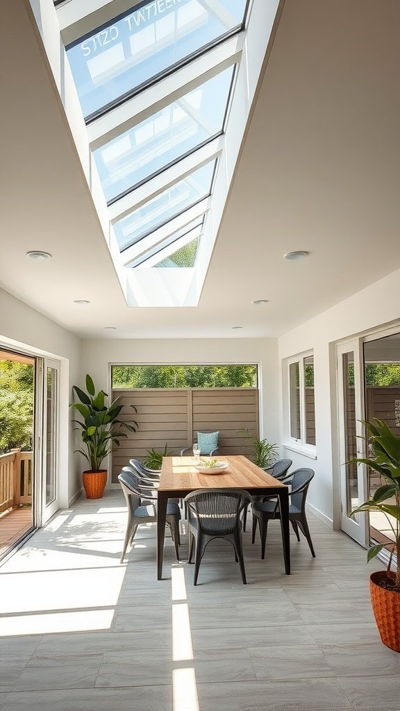 A bright dining area with a skylight and modern furniture