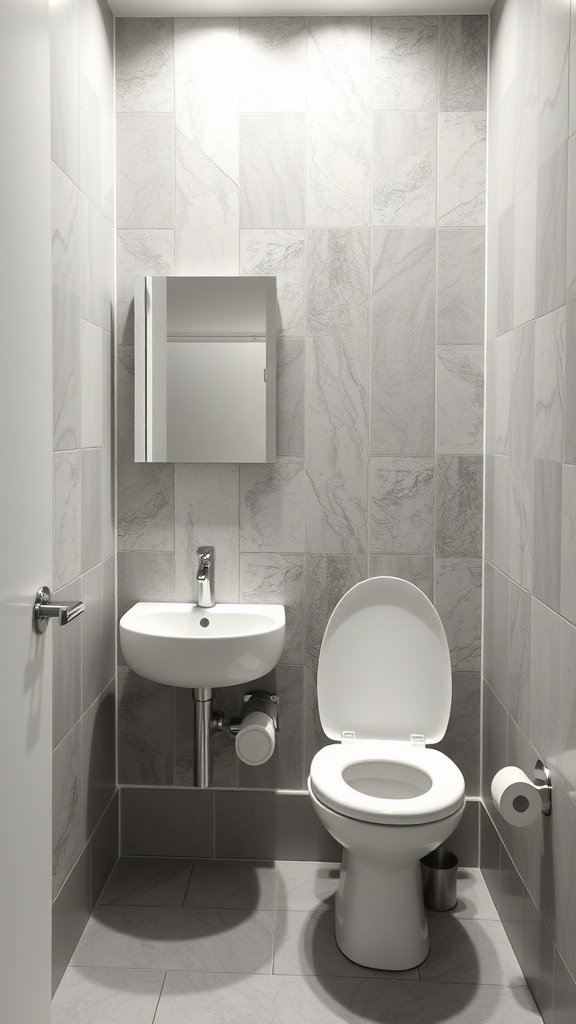 A tiny half bathroom featuring space-saving fixtures like a wall-mounted sink and compact toilet.
