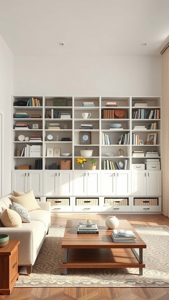 A modern living room with a green sofa and stylish storage solutions.