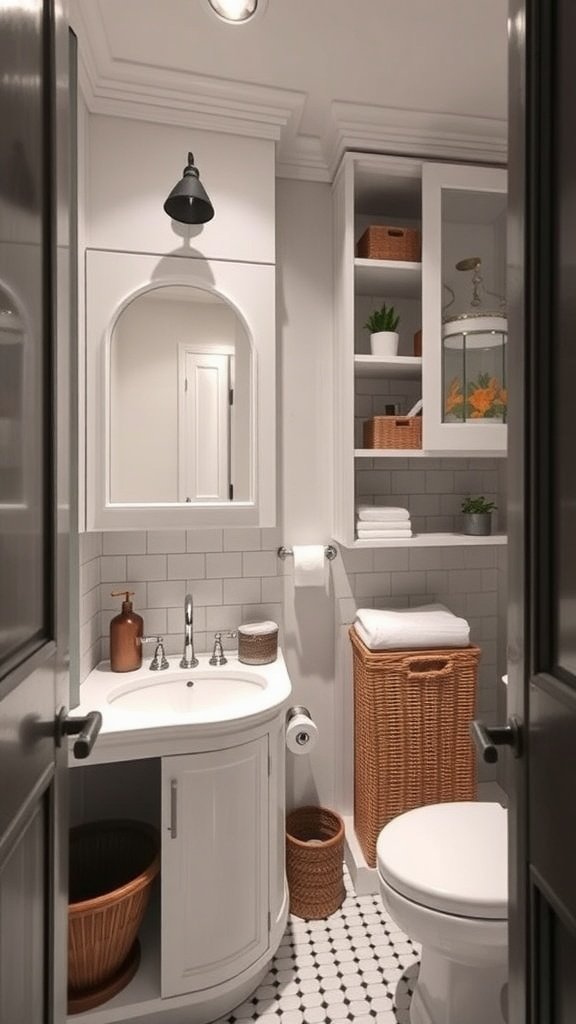 A beautifully designed small half bathroom featuring innovative storage solutions.