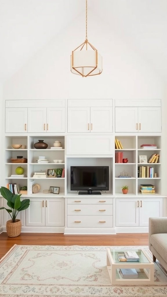 A stylish living room with tall storage cabinets, a TV unit, and a modern pendant light.