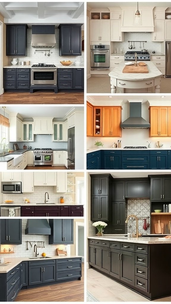 A collage of various kitchens showcasing two-tone cabinets in different color combinations.