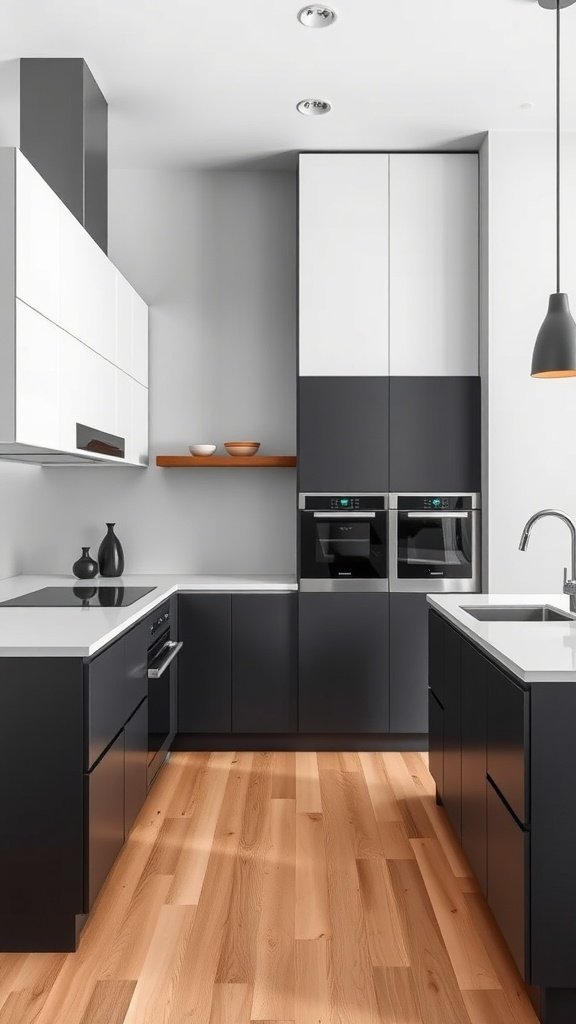 Modern kitchen with tan lower cabinets and white upper cabinets