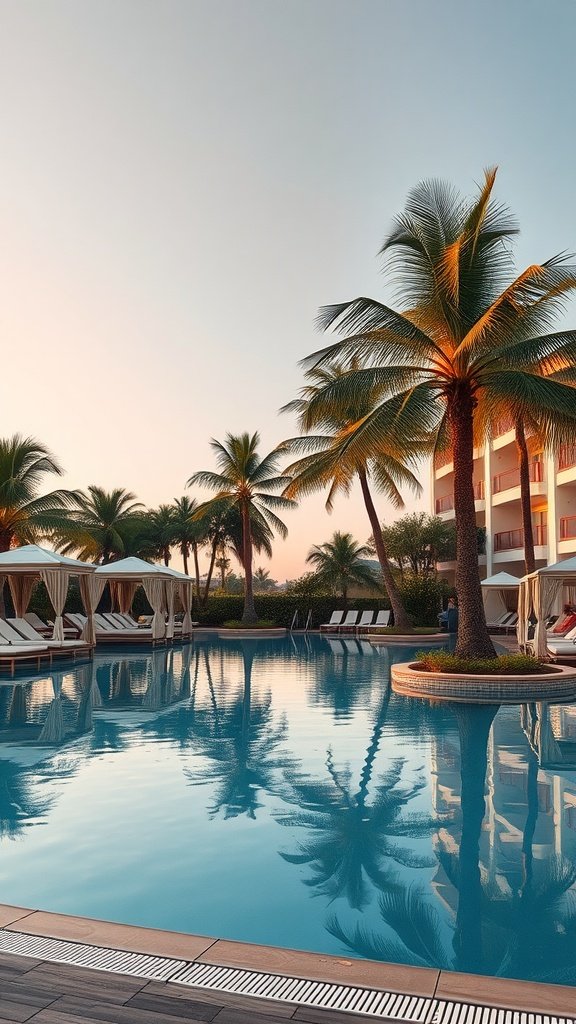 A beautiful resort-style pool surrounded by palm trees and cabanas, evoking a relaxing atmosphere.