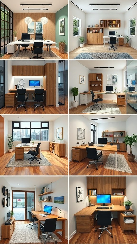 Collage of various small home office layouts showcasing different setups and styles.