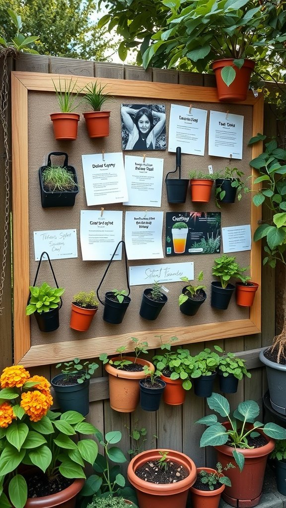 A well-organized balcony gardening space with various plants and a bulletin board
