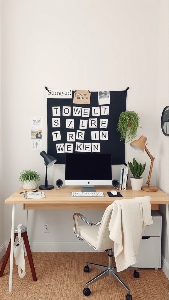A cozy small home office setup with a wooden desk, an ergonomic chair, and some plants.