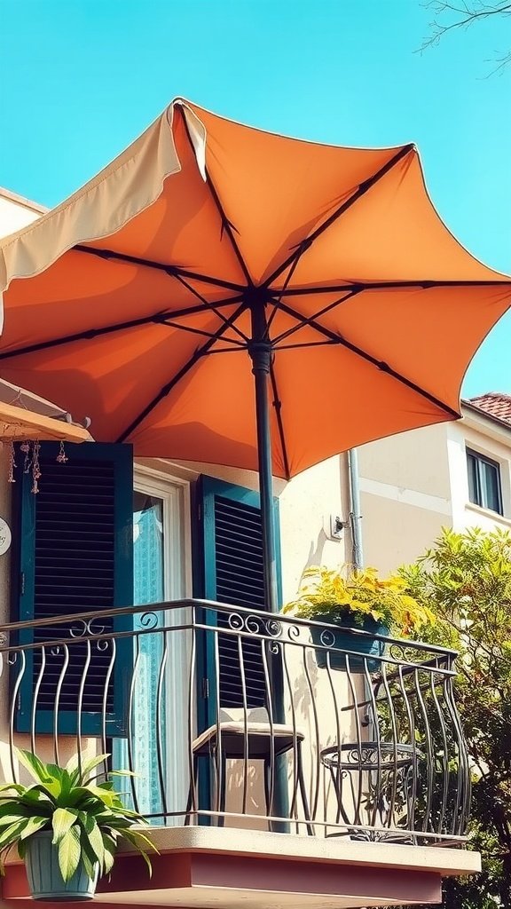 A balcony with an orange umbrella providing shade, surrounded by greenery.