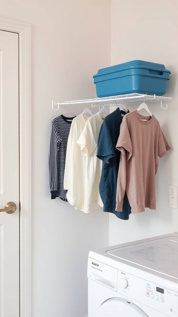 A drying rack with shirts hanging, next to a modern washing machine in a small laundry room.